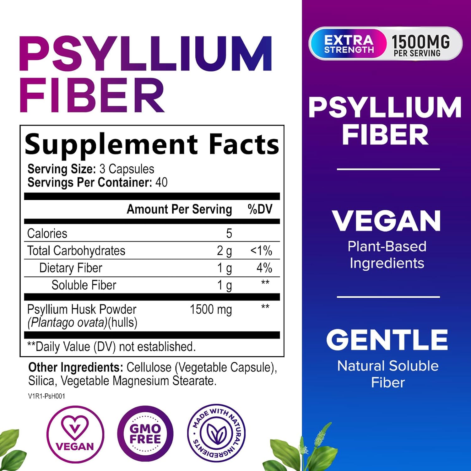 Psyllium Husk Powder Capsules 1500mg - Non-GMO Digestive Health Support - 120 Capsules