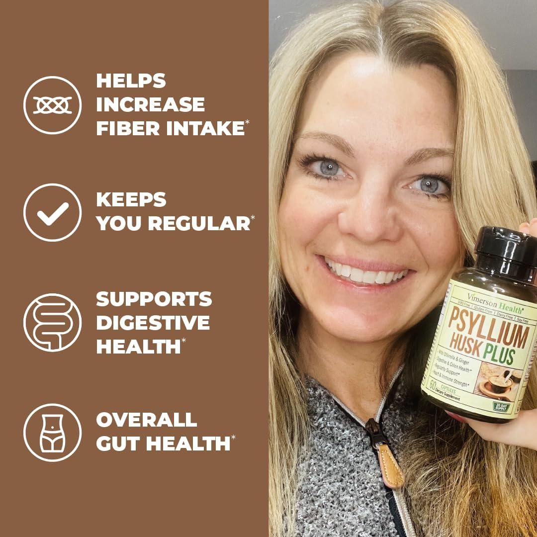 Psyllium Husk Powder Capsules for Digestive Health - Fiber Supplement for Colon & Gut - Antioxidant & Energy Support - Vegan, Non-GMO - 60 Capsules