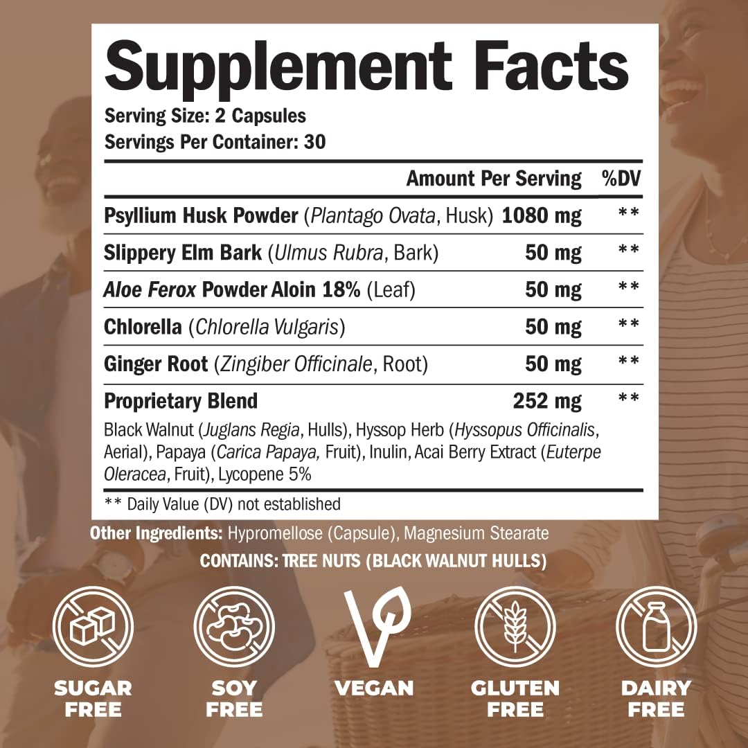 Psyllium Husk Powder Capsules for Digestive Health - Fiber Supplement for Colon & Gut - Antioxidant & Energy Support - Vegan, Non-GMO - 60 Capsules