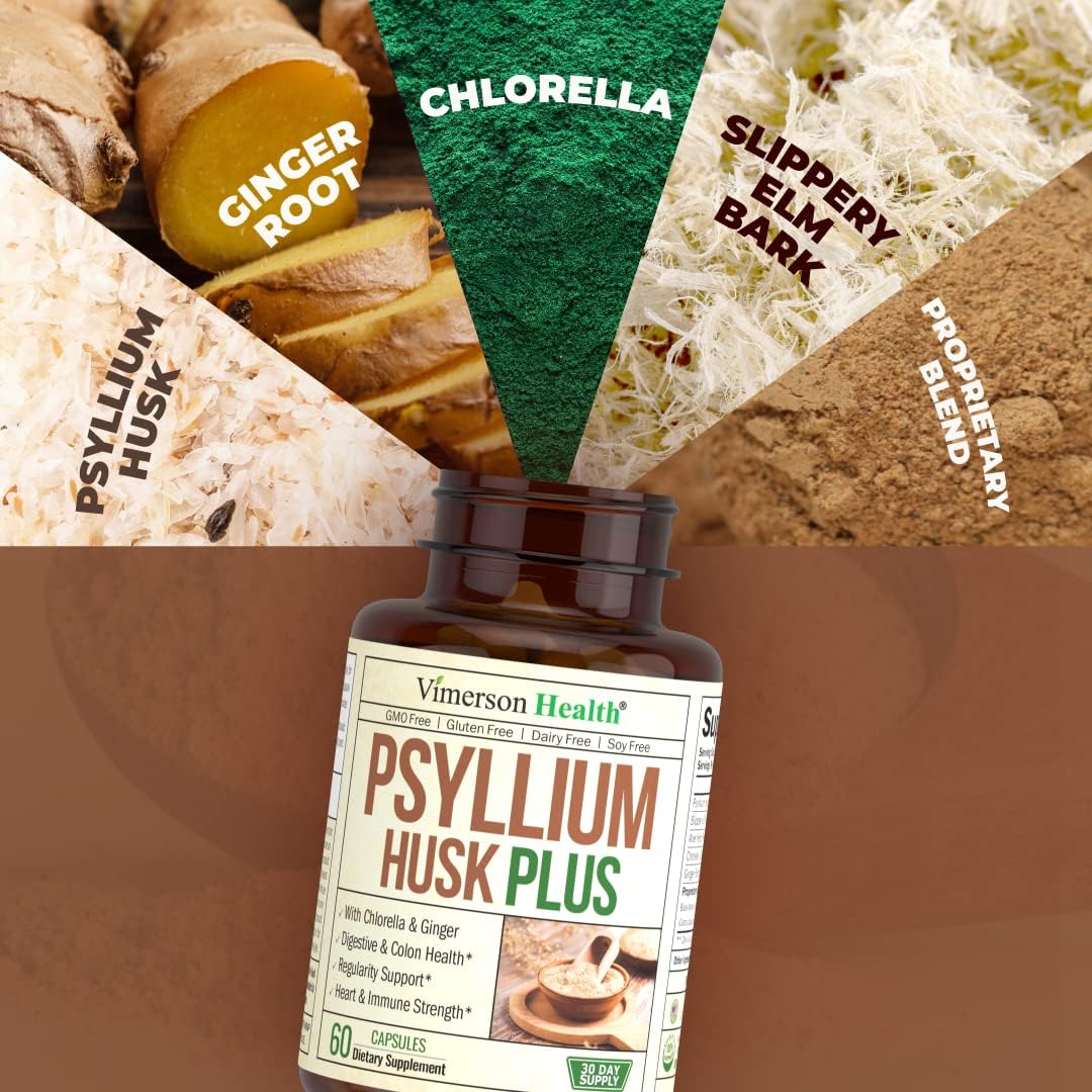 Psyllium Husk Powder Capsules for Digestive Health - Fiber Supplement for Colon & Gut - Antioxidant & Energy Support - Vegan, Non-GMO - 60 Capsules