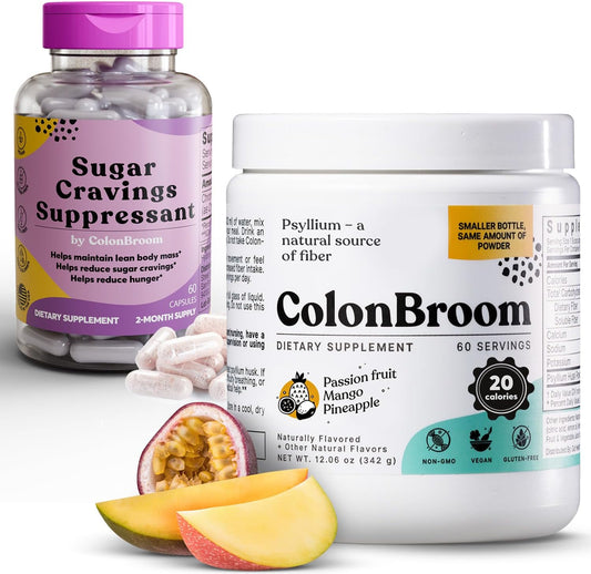 Psyllium Husk Powder with Chromium Picolinate for Sugar Craving Control - Colon Cleanser and Fiber Supplement (60 Servings Each)