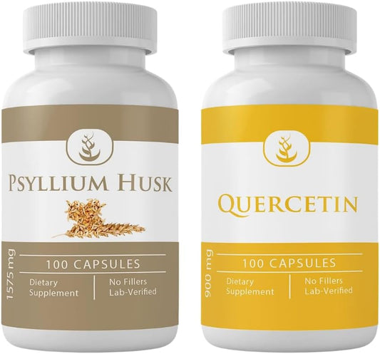 Psyllium Husk & Quercetin Capsule Bundle - 100 Capsules Each, Lab Verified, Pure Ingredients, No Additives