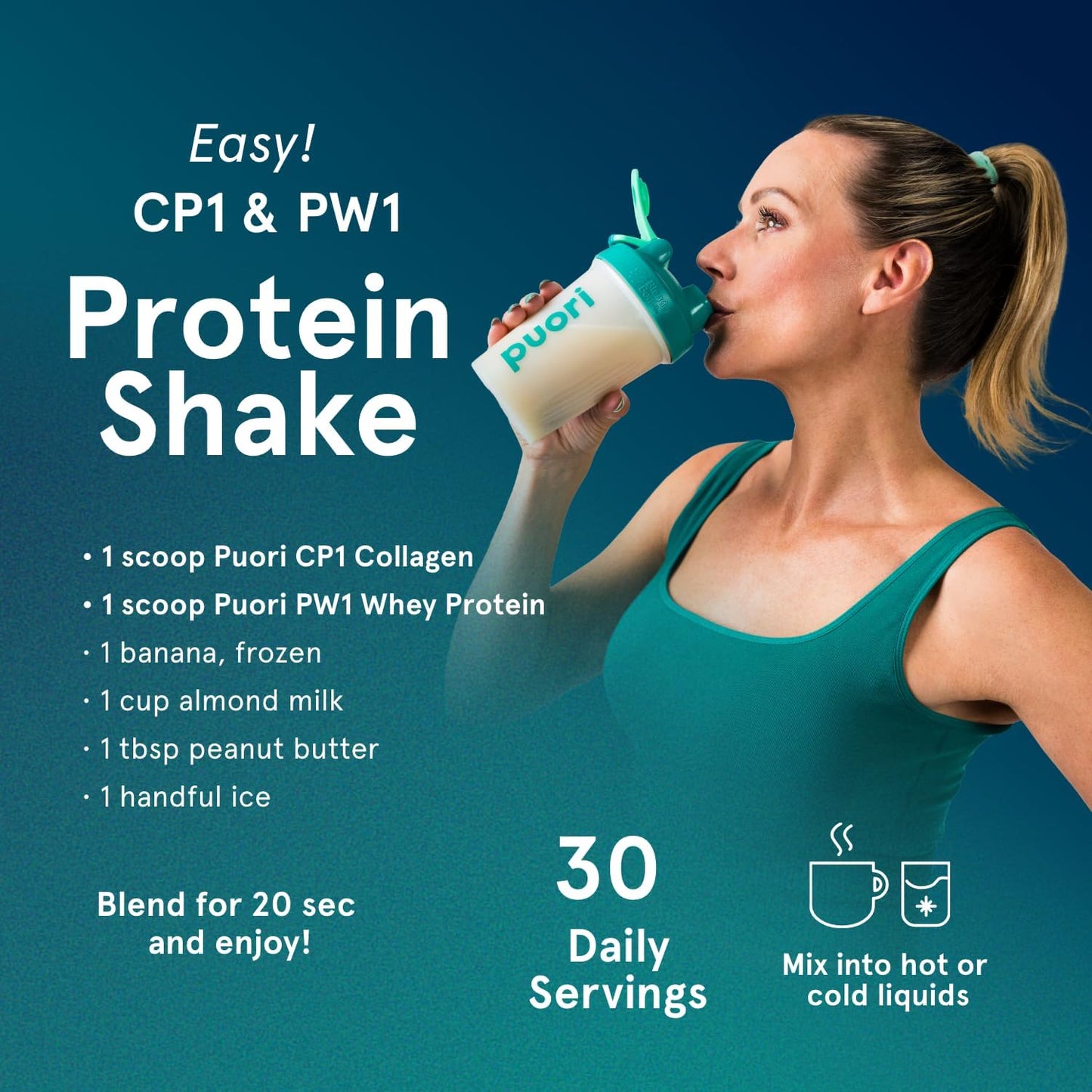 Puori CP1 Pure Collagen Peptides Powder for Hair, Skin, Nails & Joint Support - Hydrolyzed Protein, Unflavored - 30 Servings