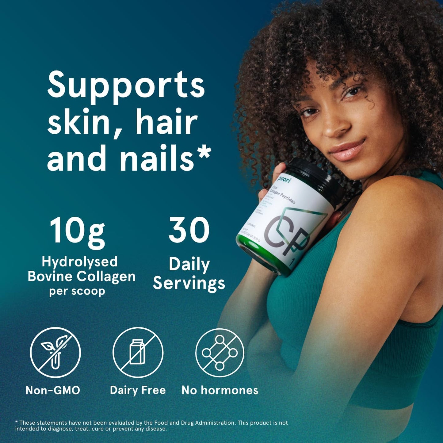 Puori CP1 Pure Collagen Peptides Powder for Hair, Skin, Nails & Joint Support - Hydrolyzed Protein, Unflavored - 30 Servings