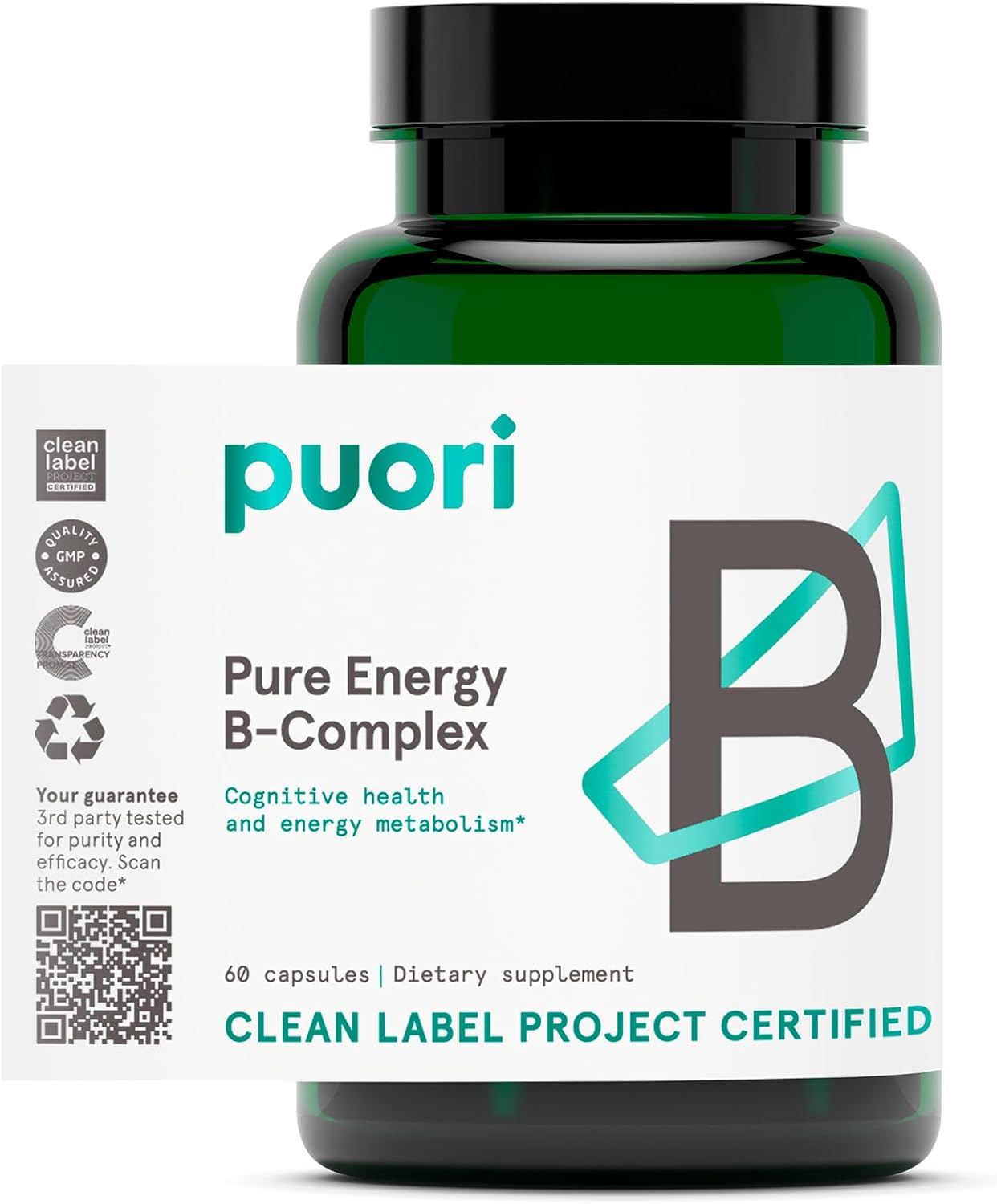 Puori Pure Energy Vitamin B-Complex with 8 Essential Active & Methylated Vitamins - Thiamin, Riboflavin, Niacin, B6, Folate, B12, Biotin, Inositol, Pantothenic Acid & Choline