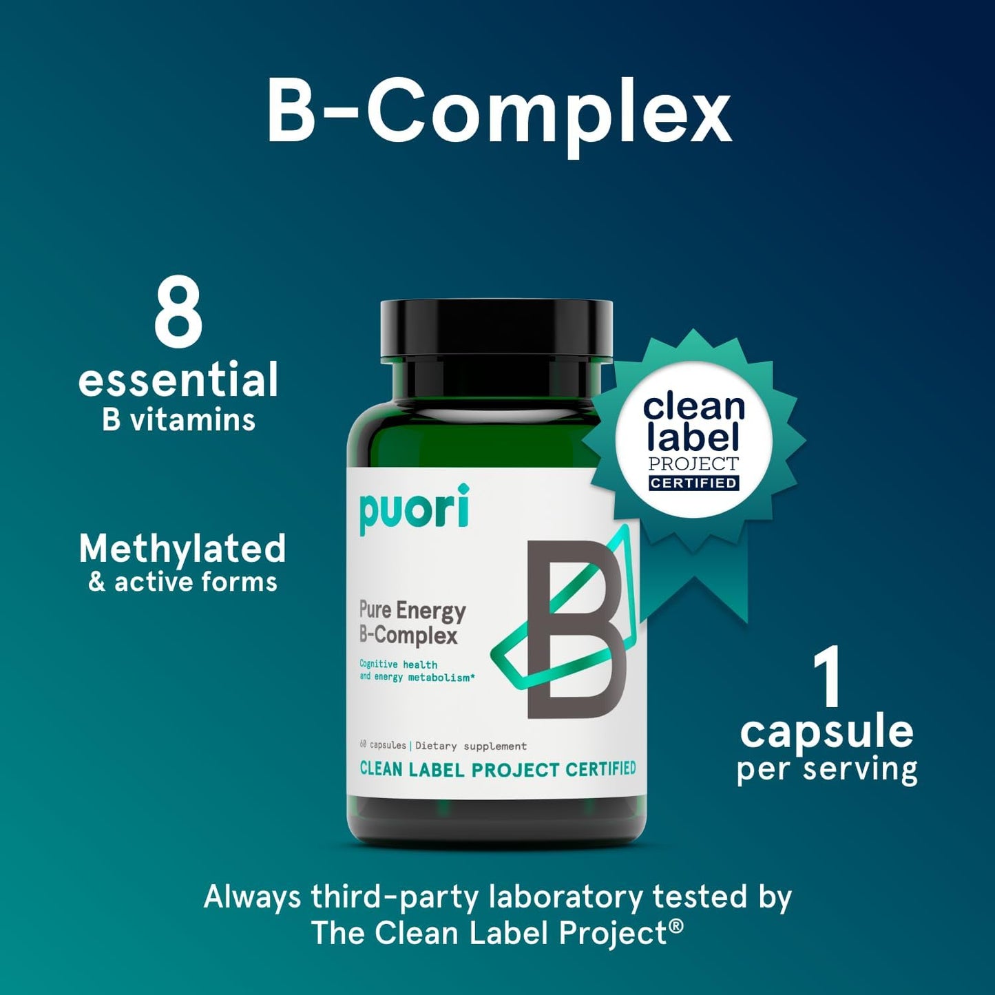 Puori Pure Energy Vitamin B-Complex with 8 Essential Active & Methylated Vitamins - Thiamin, Riboflavin, Niacin, B6, Folate, B12, Biotin, Inositol, Pantothenic Acid & Choline