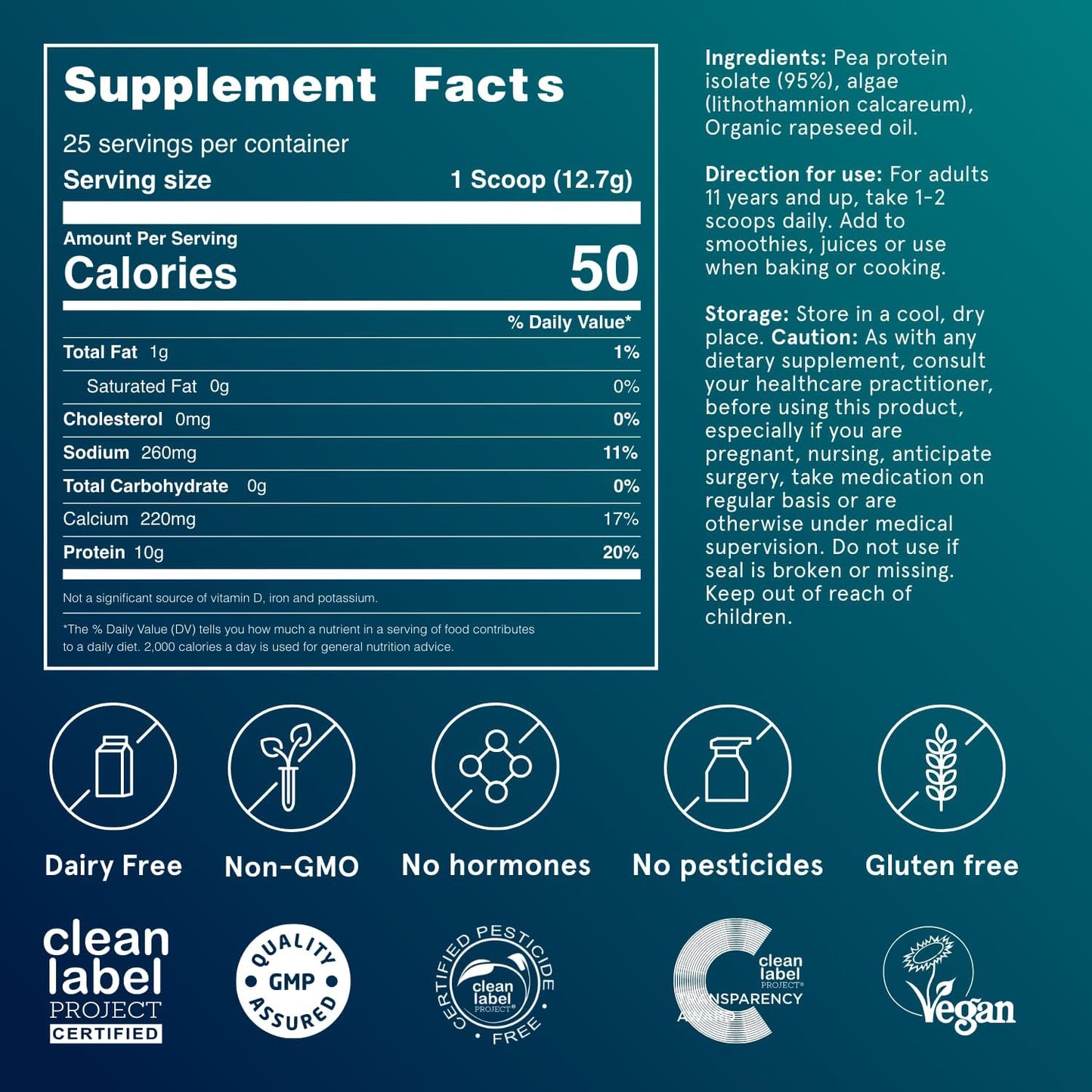 Puori Vegan Plant Protein Powder with Algae Calcium - 25 Servings - Neutral Flavor Pea Protein for Essential Amino Acids - Dairy-Free, Non GMO