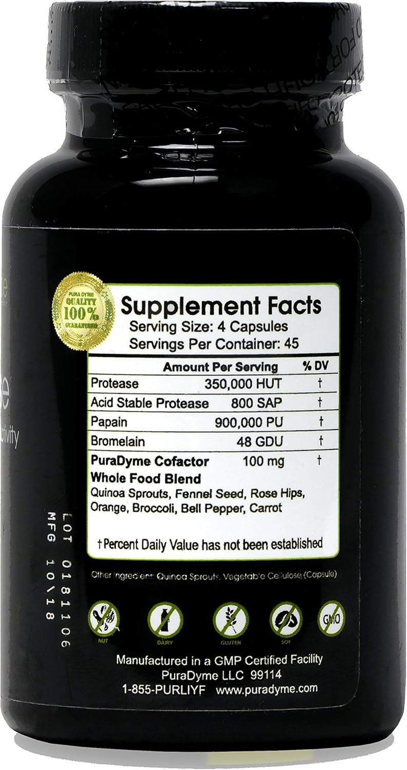 PuraDyme Protease Enzyme Supplement - 180 Capsules for Digestive Support