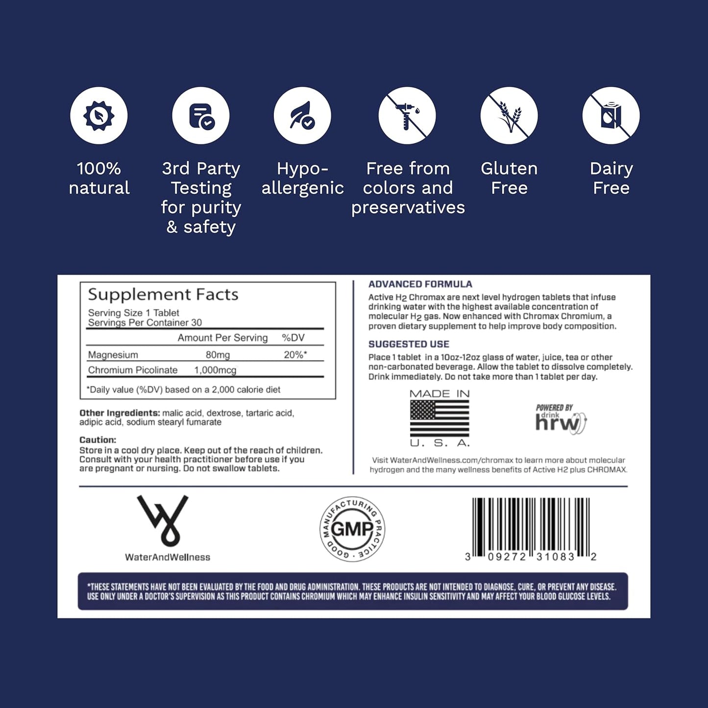 Purative Active H2+ Chromax Tablets - Boost Metabolism and Fitness with Hydrogen and Chromium - 30 Tablets