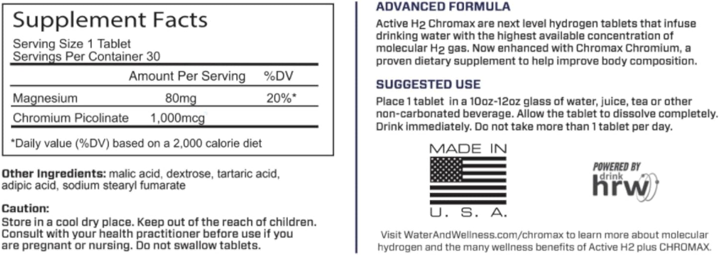 Purative Active H2+ Chromax Tablets - Boost Metabolism and Fitness with Hydrogen and Chromium - 30 Tablets