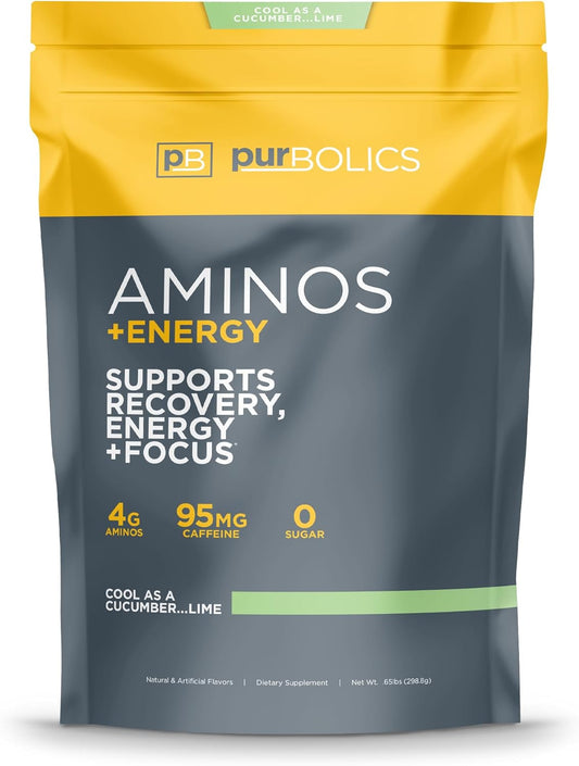 Purbolics Aminos + Energy Drink - Supports Recovery, Energy, and Focus - 95mg Caffeine, 0 Sugar - 60 Servings - Cool Cucumber Lime Flavor