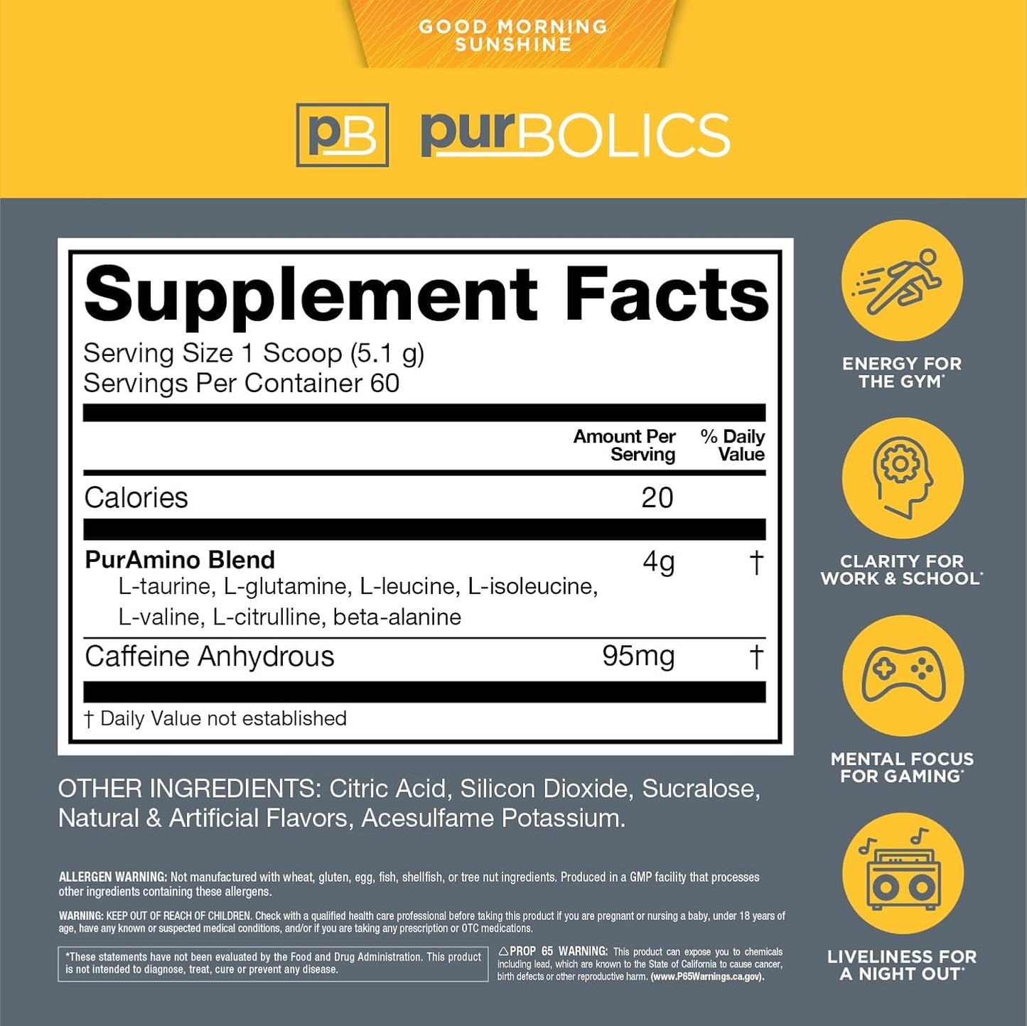 Purbolics Aminos + Energy Supplement - Supports Recovery, Energy, and Focus - 95mg Caffeine, 0 Sugar - 60 Servings - Good Morning Energy Boost