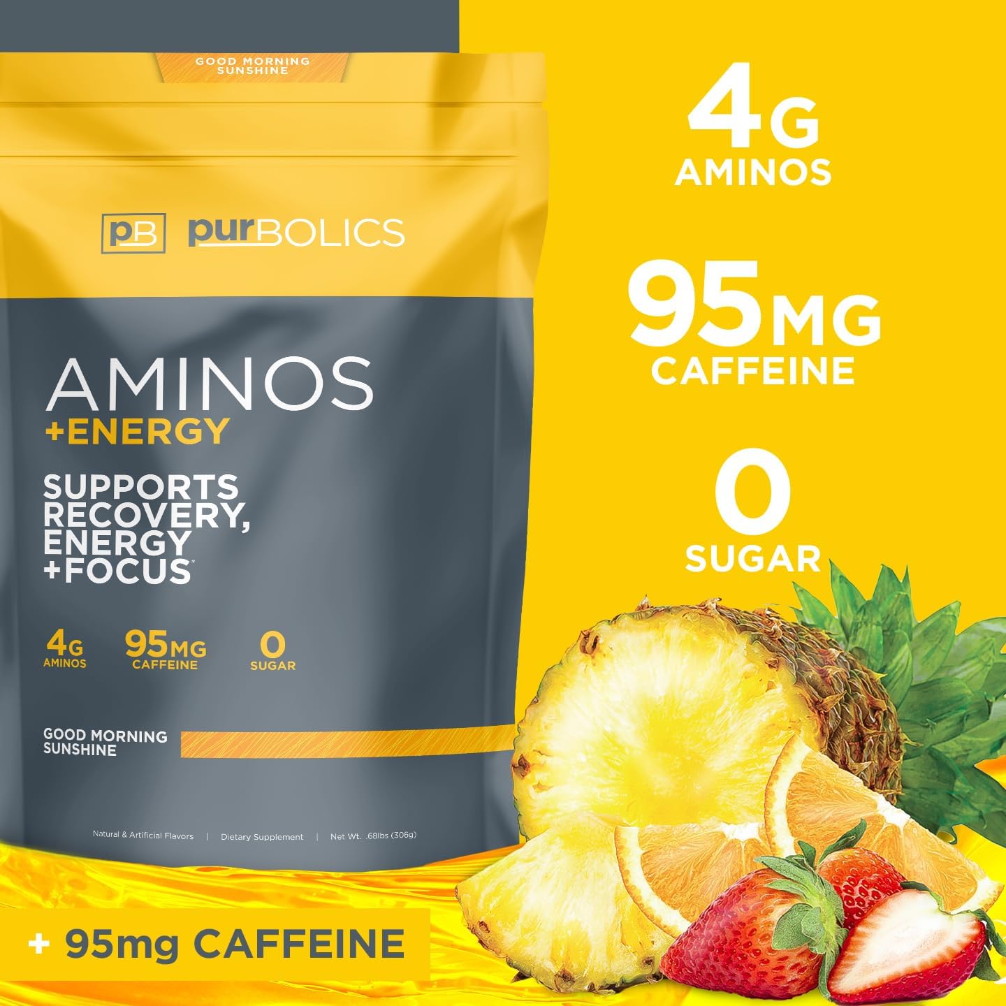 Purbolics Aminos + Energy Supplement - Supports Recovery, Energy, and Focus - 95mg Caffeine, 0 Sugar - 60 Servings - Good Morning Energy Boost