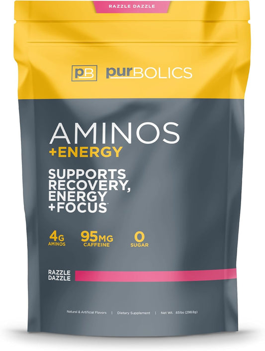 Purbolics Aminos + Energy Supplement | Enhances Recovery, Energy, and Focus | 95mg Caffeine, Zero Sugar, 60 Servings | Razzle Dazzle Flavor