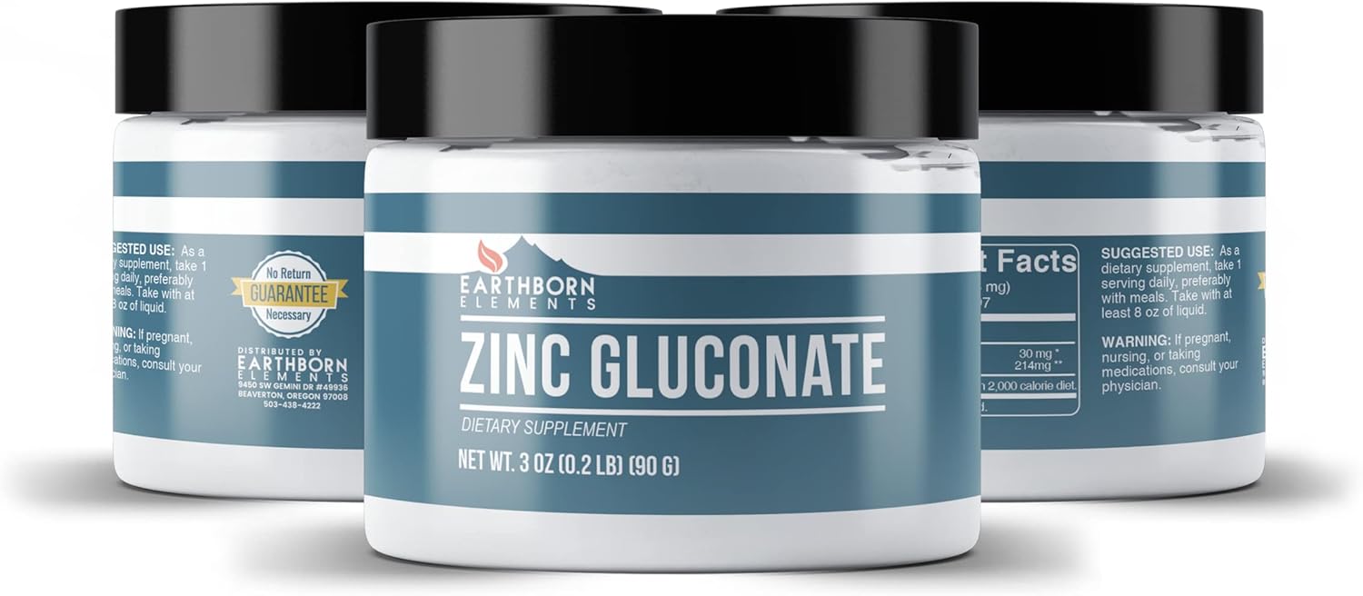 Pure 3 oz Zinc Gluconate Supplement - Earthborn Elements, No Fillers, Additives - High Quality Formula