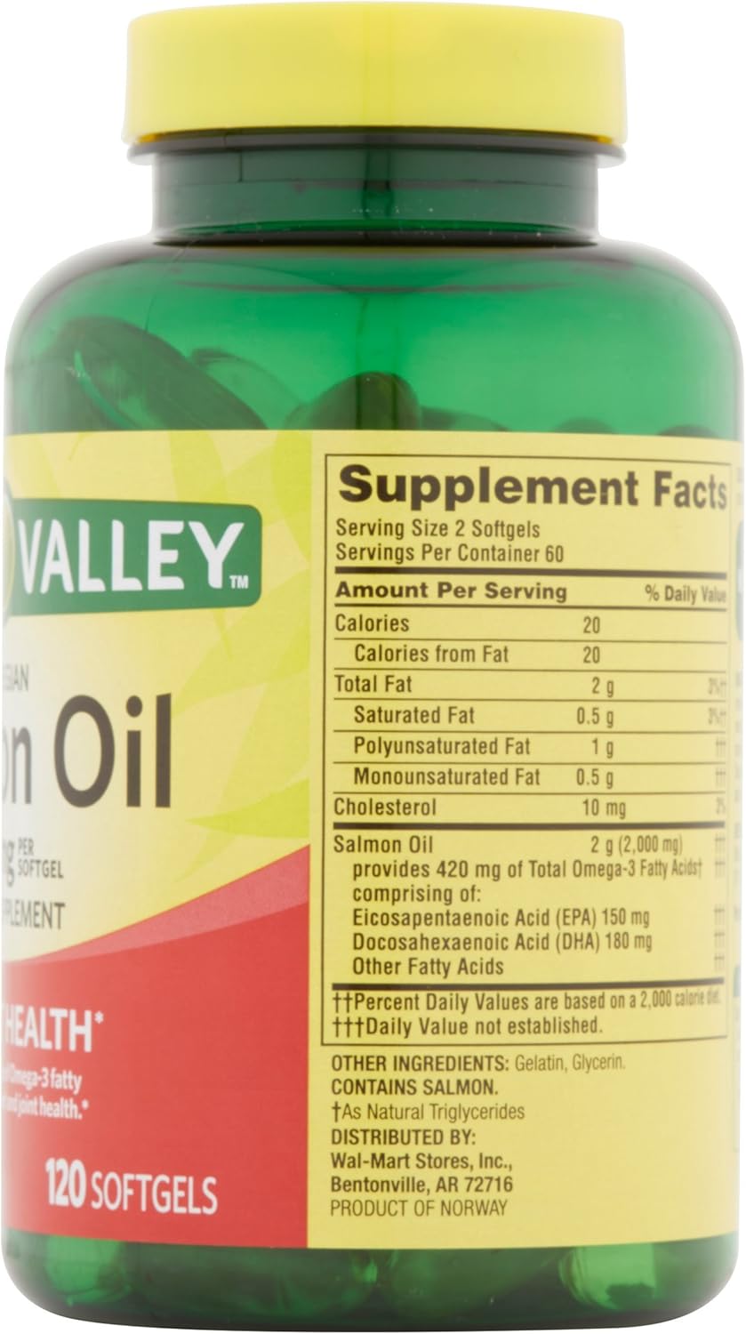 Pure and Potent Spring Valley Salmon Oil Softgels - 1000 mg Omega-3 Supplement for Heart Health and Joint Support