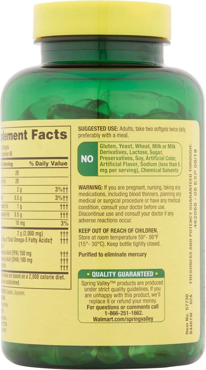 Pure and Potent Spring Valley Salmon Oil Softgels - 1000 mg Omega-3 Supplement for Heart Health and Joint Support
