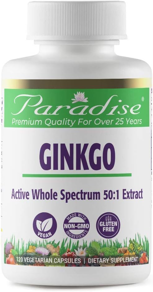 Pure and Potent Vegan Ginkgo Biloba Extract - Non GMO, Gluten Free - 120 Vegetarian Capsules by Paradise Herbs