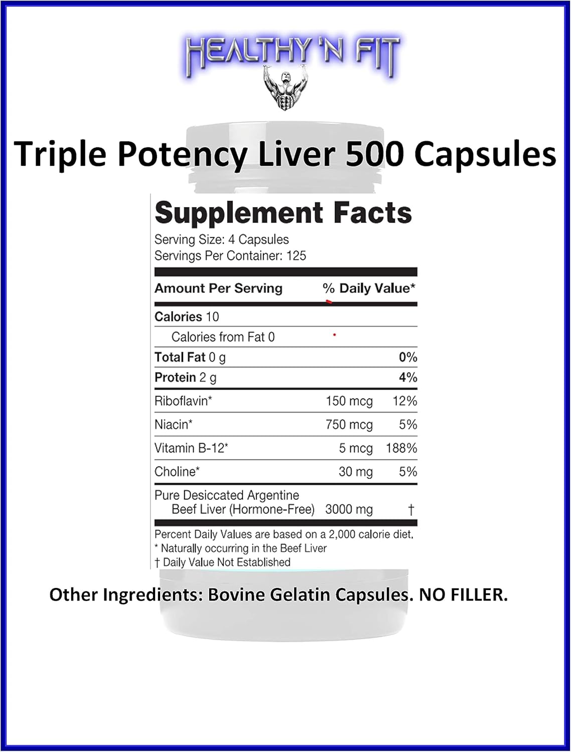 Pure Argentine Desiccated Beef Liver Capsules - 500 Capsule Mega-Value. Triple Potency Liver Supplement, Hormone Free, Pasture Raised, No Fillers.