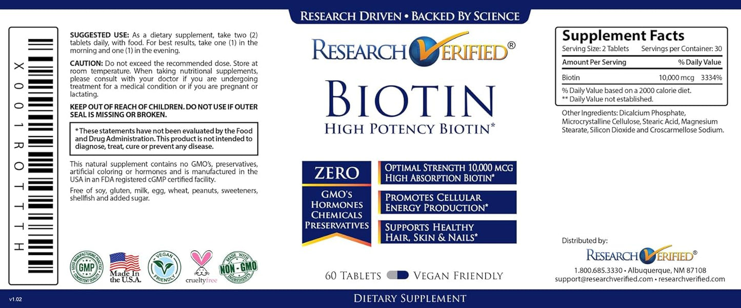 Pure Biotin Extra Strength 10,000mcg - Vegan Tablets for Hair, Skin, and Nails - Made in USA