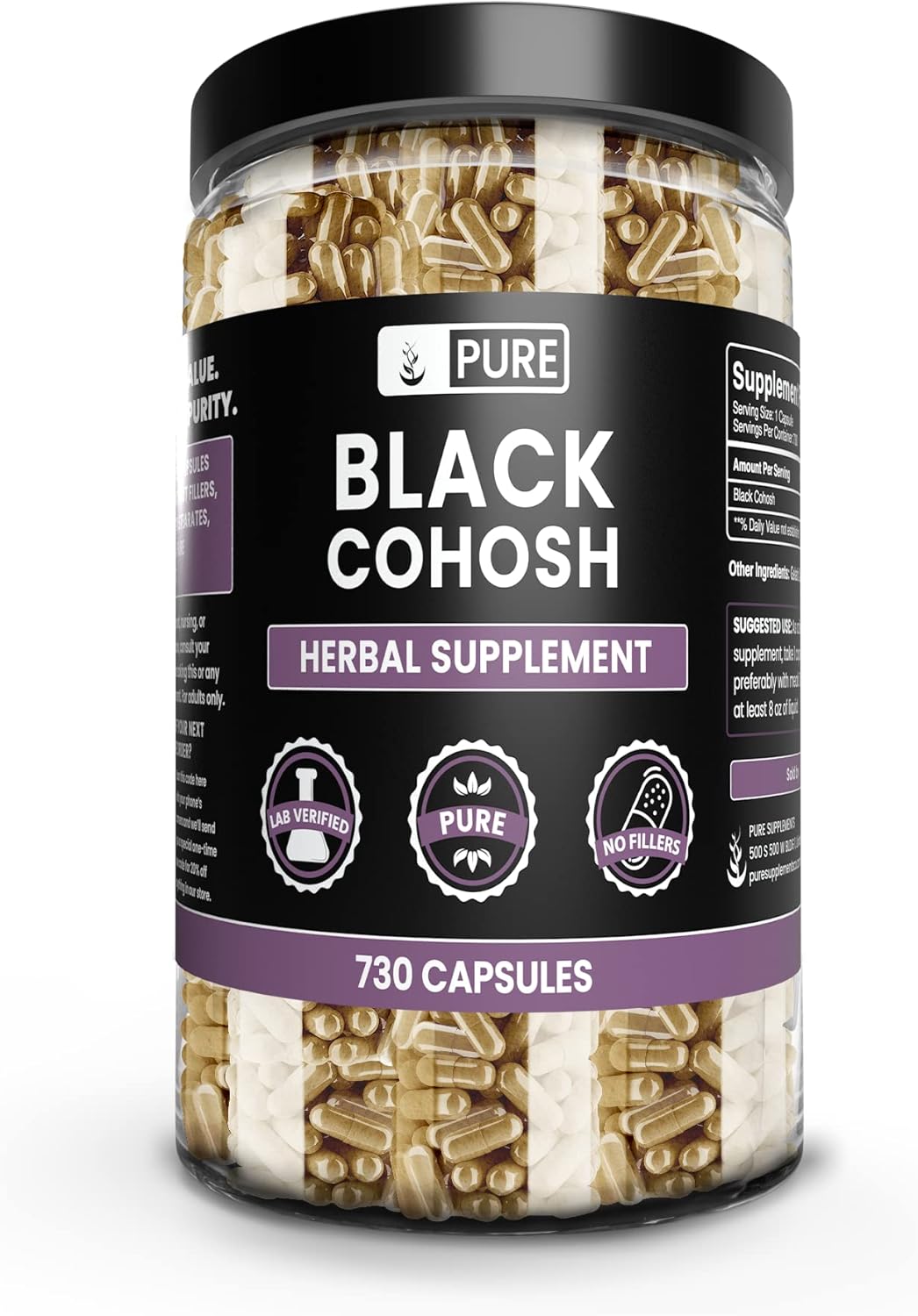 Pure Black Cohosh 730 Capsules - Original Ingredients, No Magnesium or Rice Fillers - Lab Verified & Pure