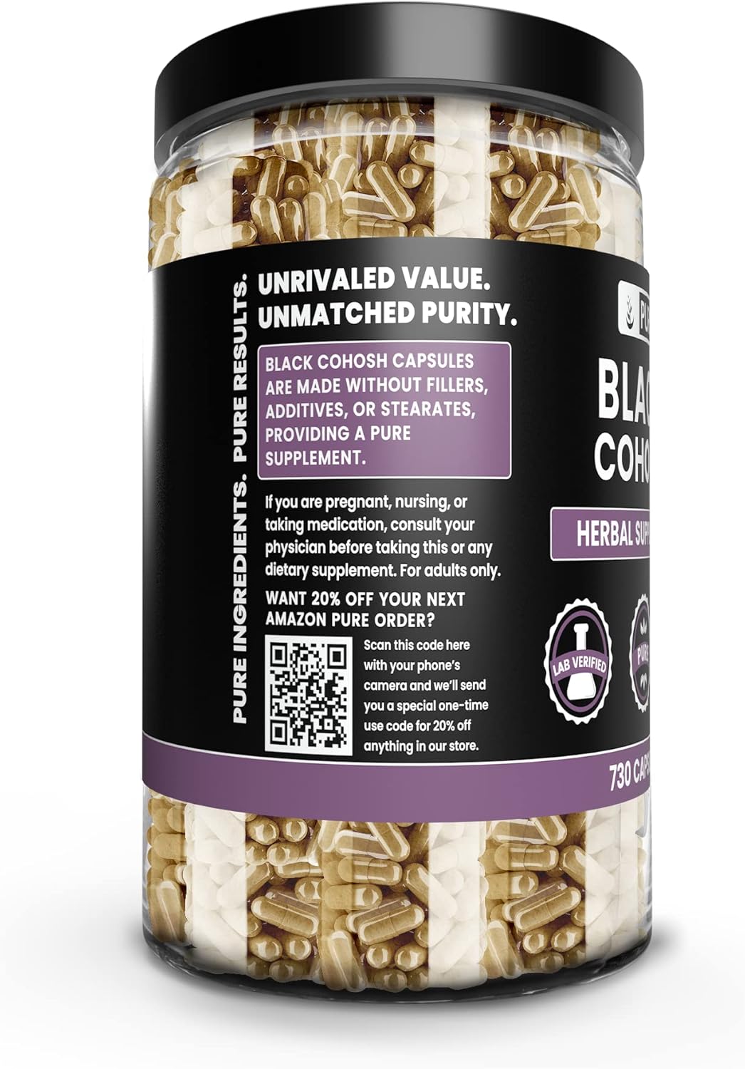 Pure Black Cohosh 730 Capsules - Original Ingredients, No Magnesium or Rice Fillers - Lab Verified & Pure