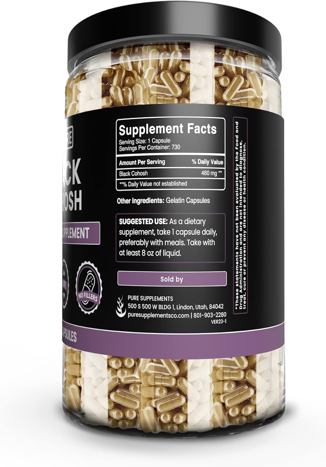 Pure Black Cohosh 730 Capsules - Original Ingredients, No Magnesium or Rice Fillers - Lab Verified & Pure