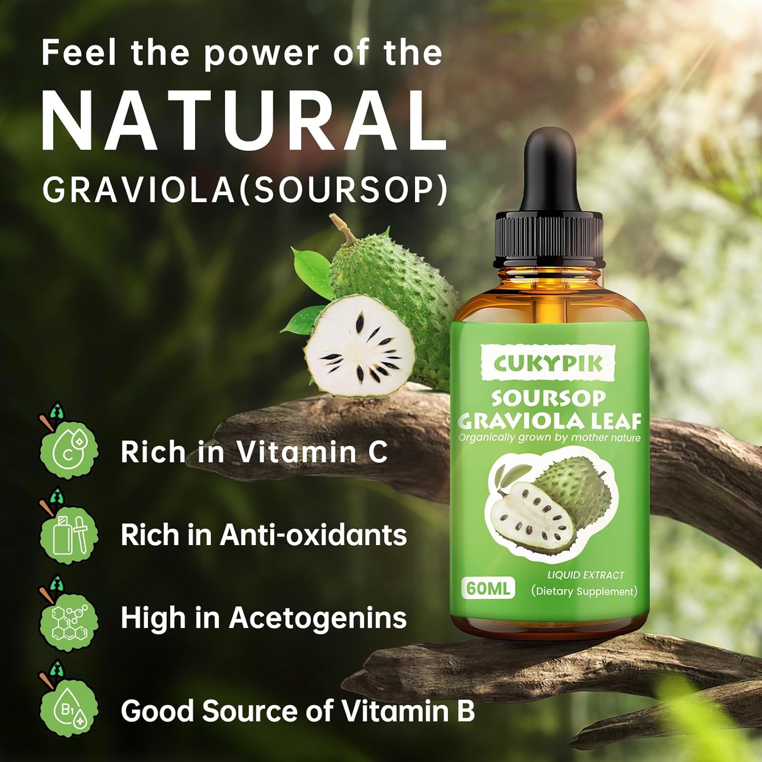 Pure Botanical Soursop Graviola Leaf Extract Liquid Drops for Cell Support, Antioxidants, and Sleep - 2 Fl Oz (2-4 Month Supply)