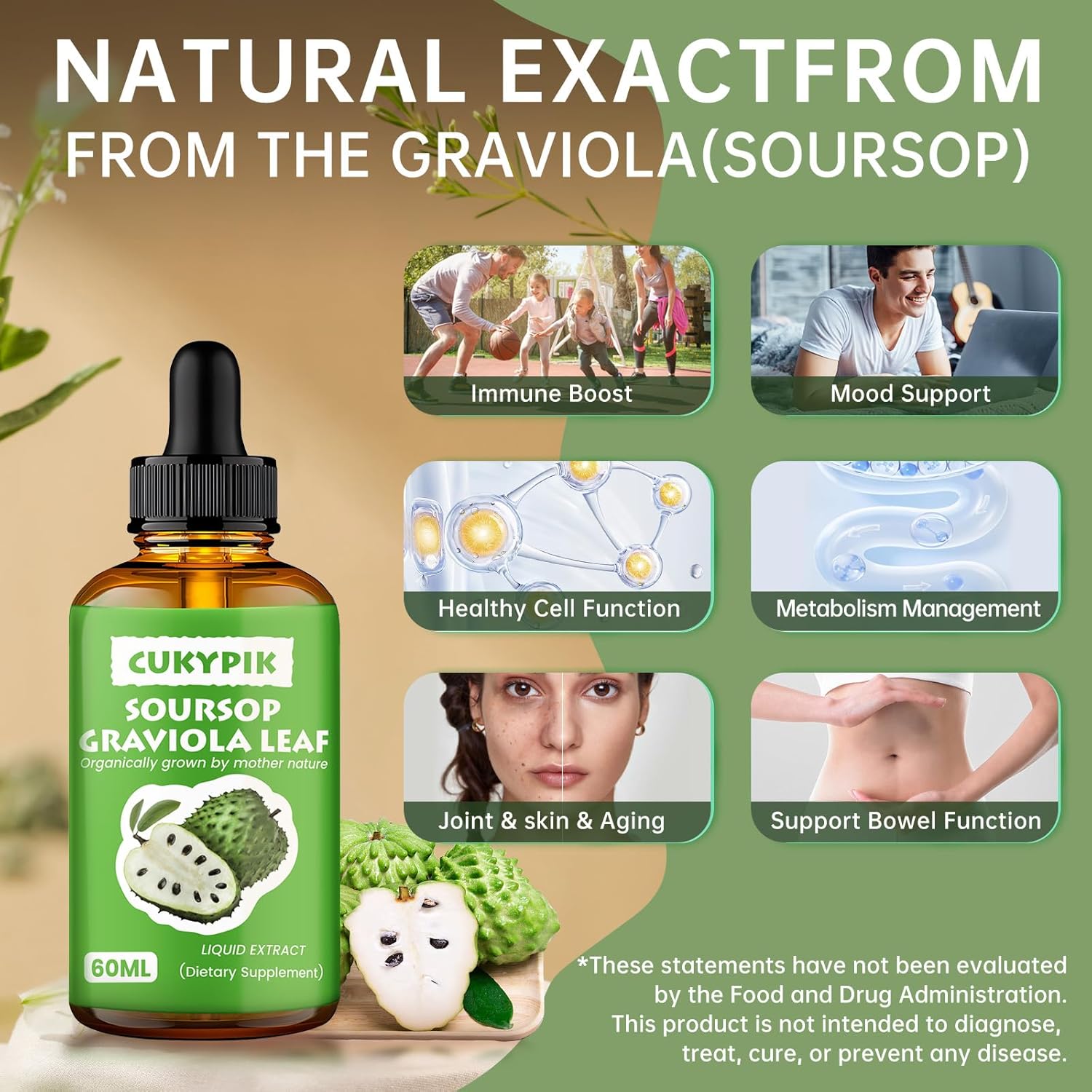 Pure Botanical Soursop Graviola Leaf Extract Liquid Drops for Cell Support, Antioxidants, and Sleep - 2 Fl Oz (2-4 Month Supply)