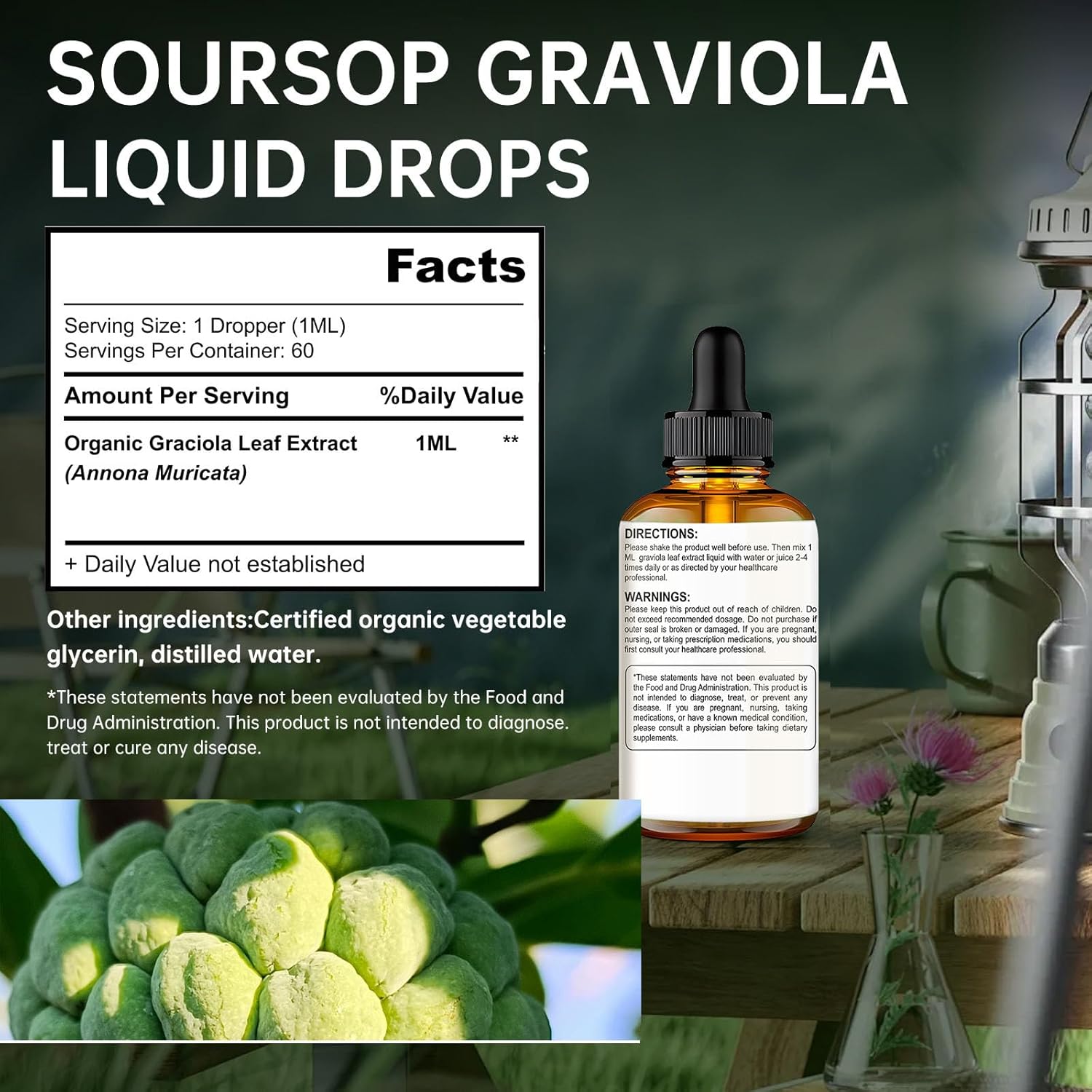 Pure Botanical Soursop Graviola Leaf Extract Liquid Drops for Cell Support, Antioxidants, and Sleep - 2 Fl Oz (2-4 Month Supply)