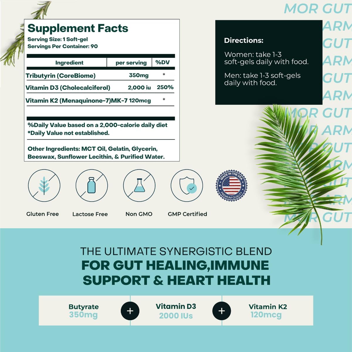 Pure Butyrate & Vitamin D3 + K2 Softgels for Gut, Heart, and Immune Health | 60 Capsules | 2 Month Supply