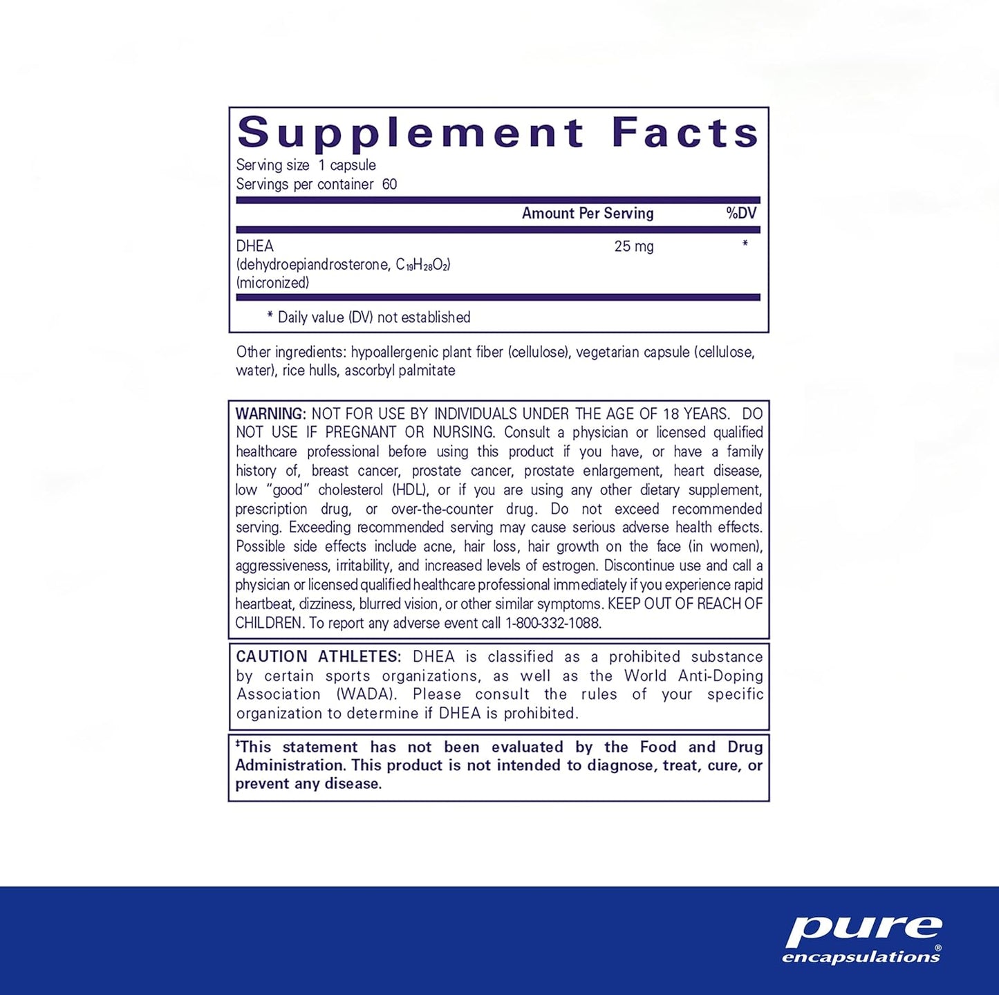 Pure Encapsulations DHEA 25 mg Capsules - Immune, Hormone, Metabolism, Energy Support - Micronized DHEA - 60 Count