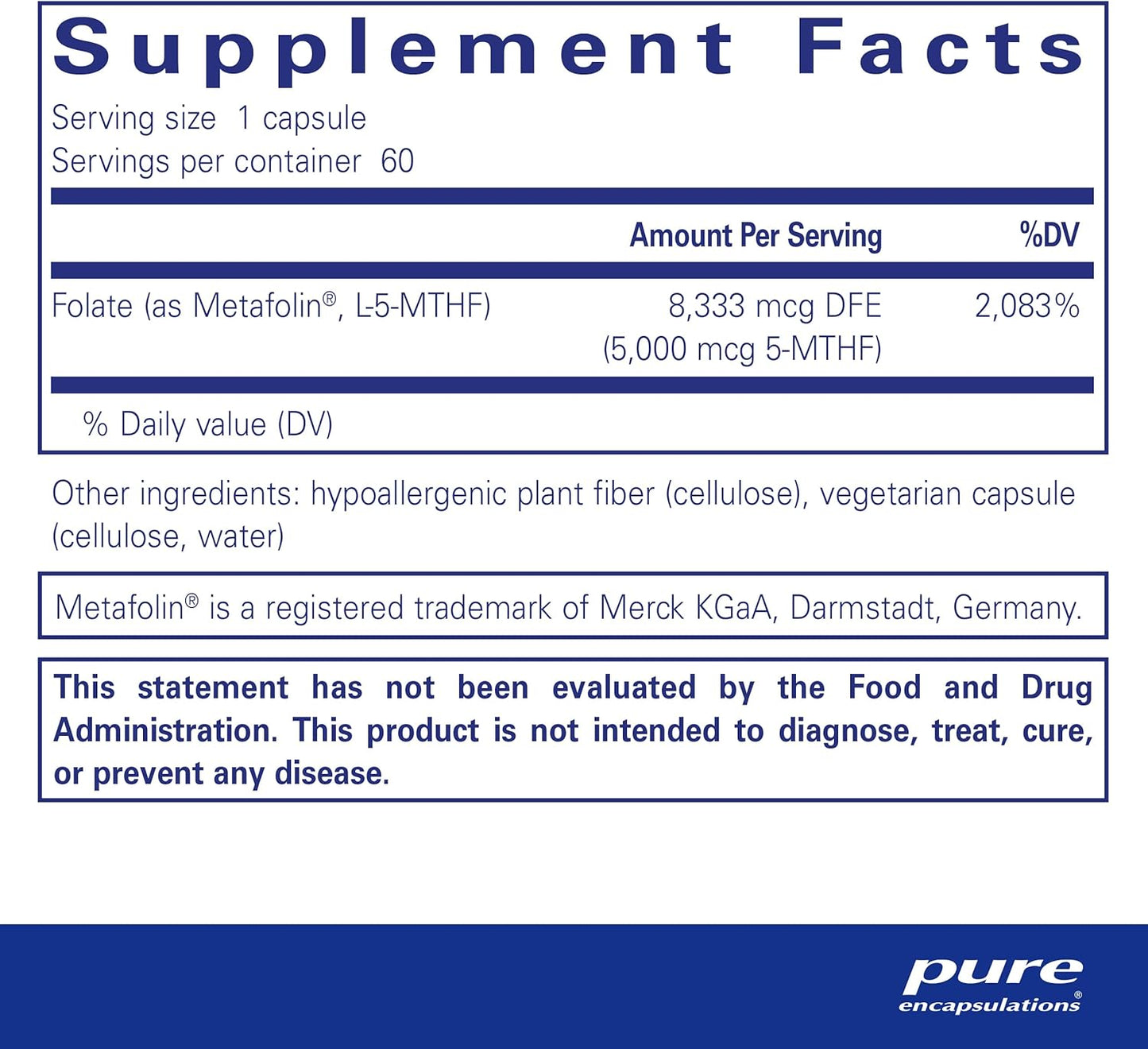 Pure Encapsulations Folate 5,000 - 60 Capsules of Activated Vitamin B9 as 5-Methyltetrahydrofolate