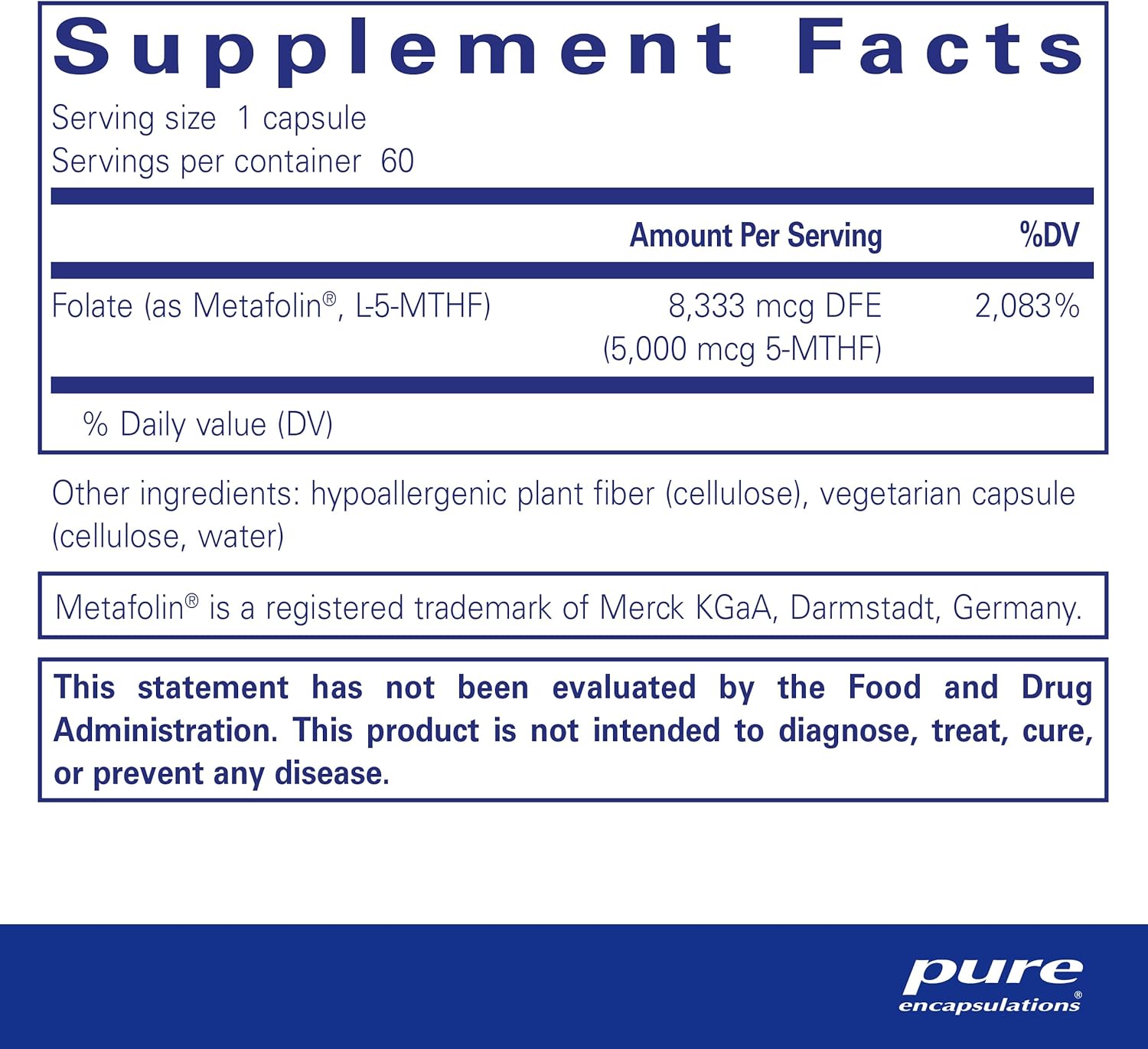 Pure Encapsulations Folate 5,000 - 60 Capsules of Activated Vitamin B9 as 5-Methyltetrahydrofolate