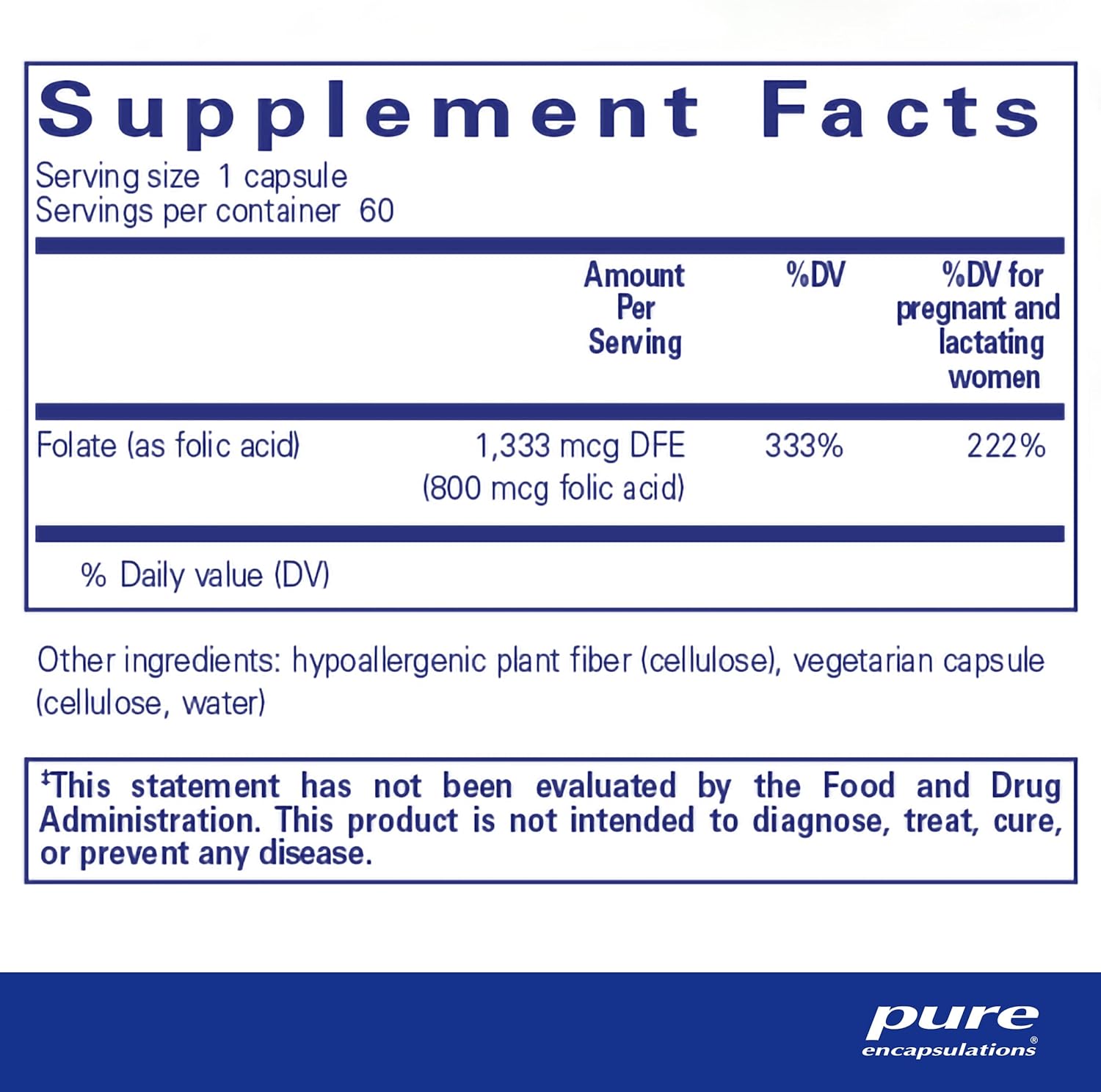 Pure Encapsulations Folic Acid Capsules - Hypoallergenic Dietary Supplement - 60 Count