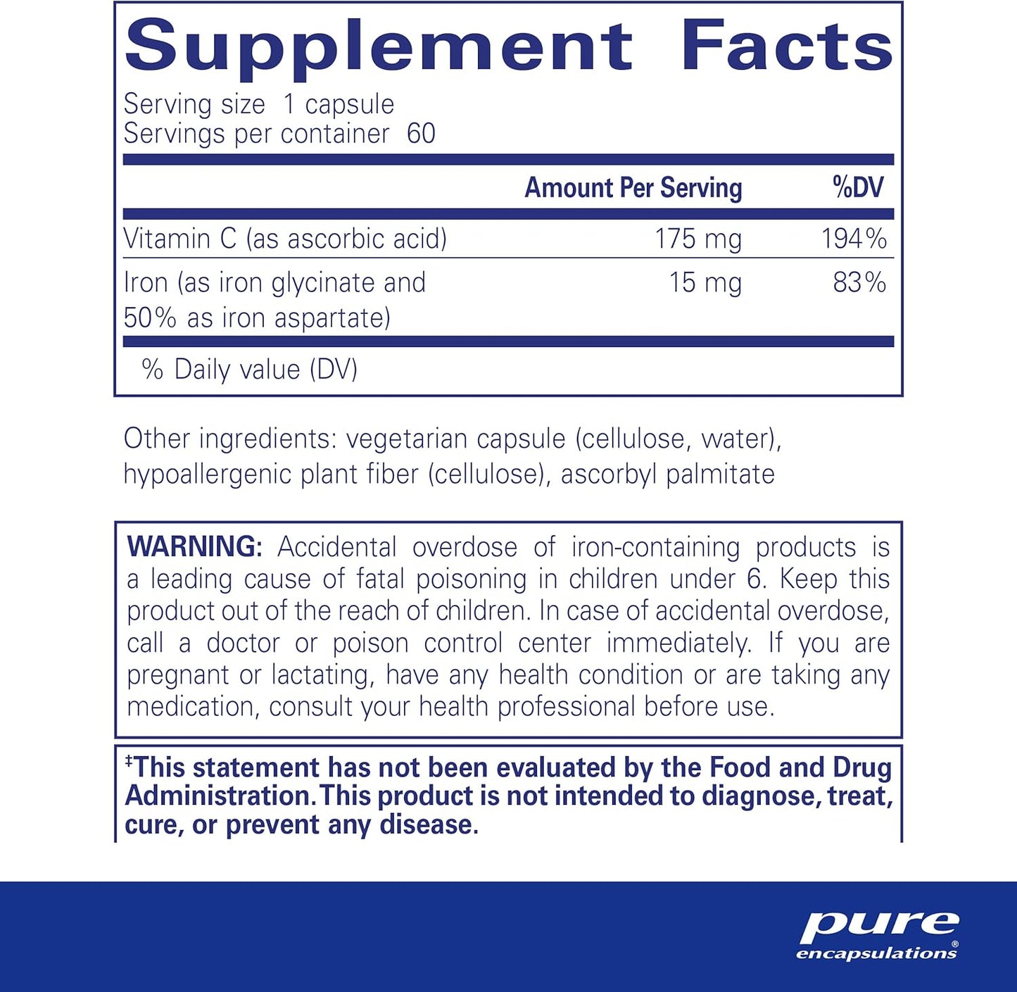 Pure Encapsulations Iron-C Supplement - 15mg Iron + 175mg Vitamin C - Supports Red Blood Cells & Energy - Highly Absorbable Iron Capsules - Gluten-Free & Vegan - 60 Count