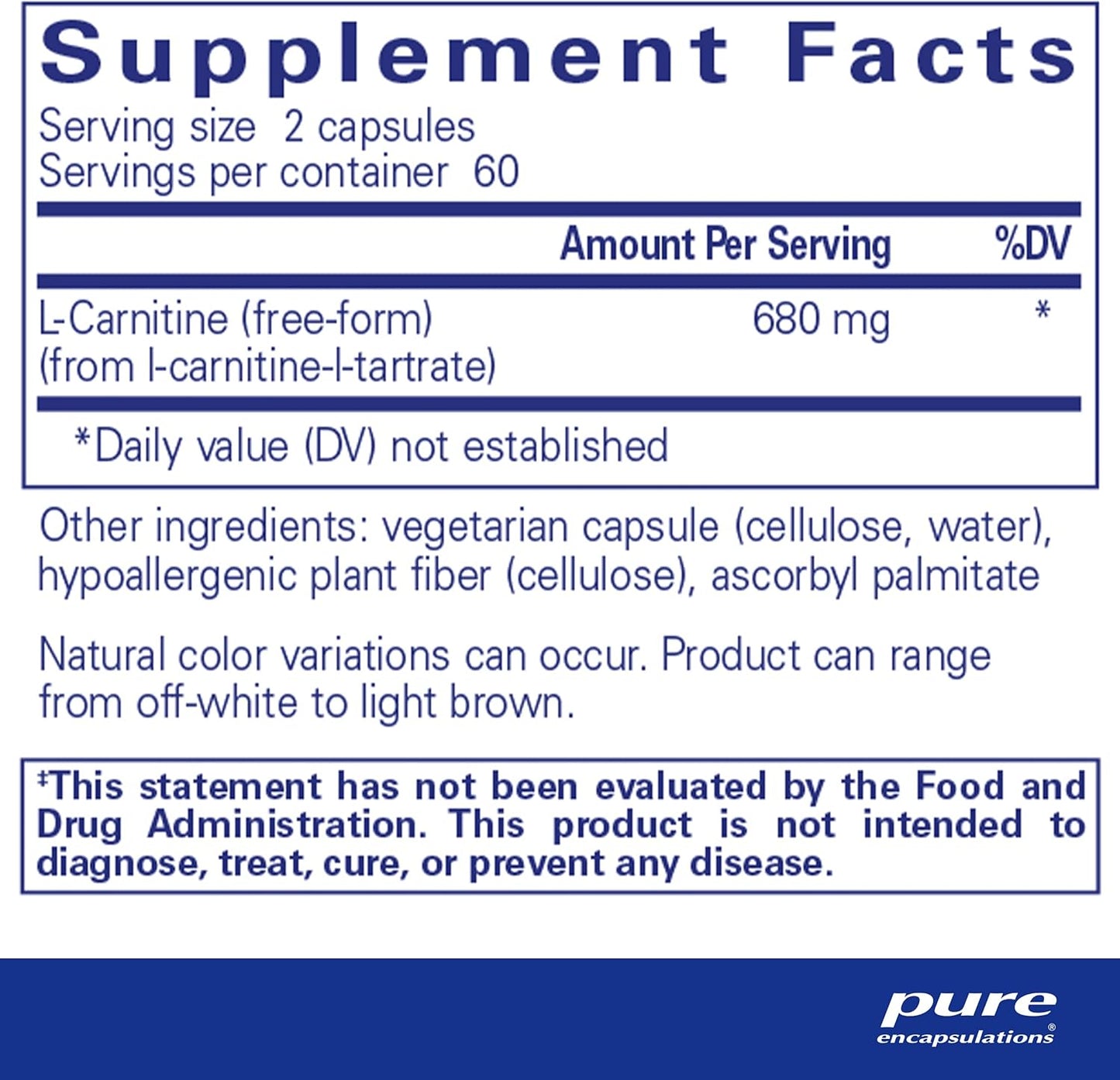 Pure Encapsulations L-Carnitine Supplement for Cardiovascular and Endurance Support - 120 Capsules