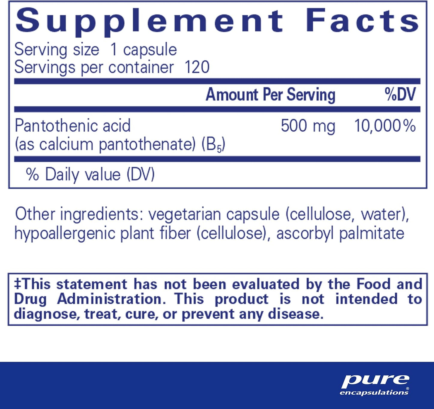 Pure Encapsulations Pantothenic Acid Capsules for Cellular Energy Production & Adrenal Health - 120 Count