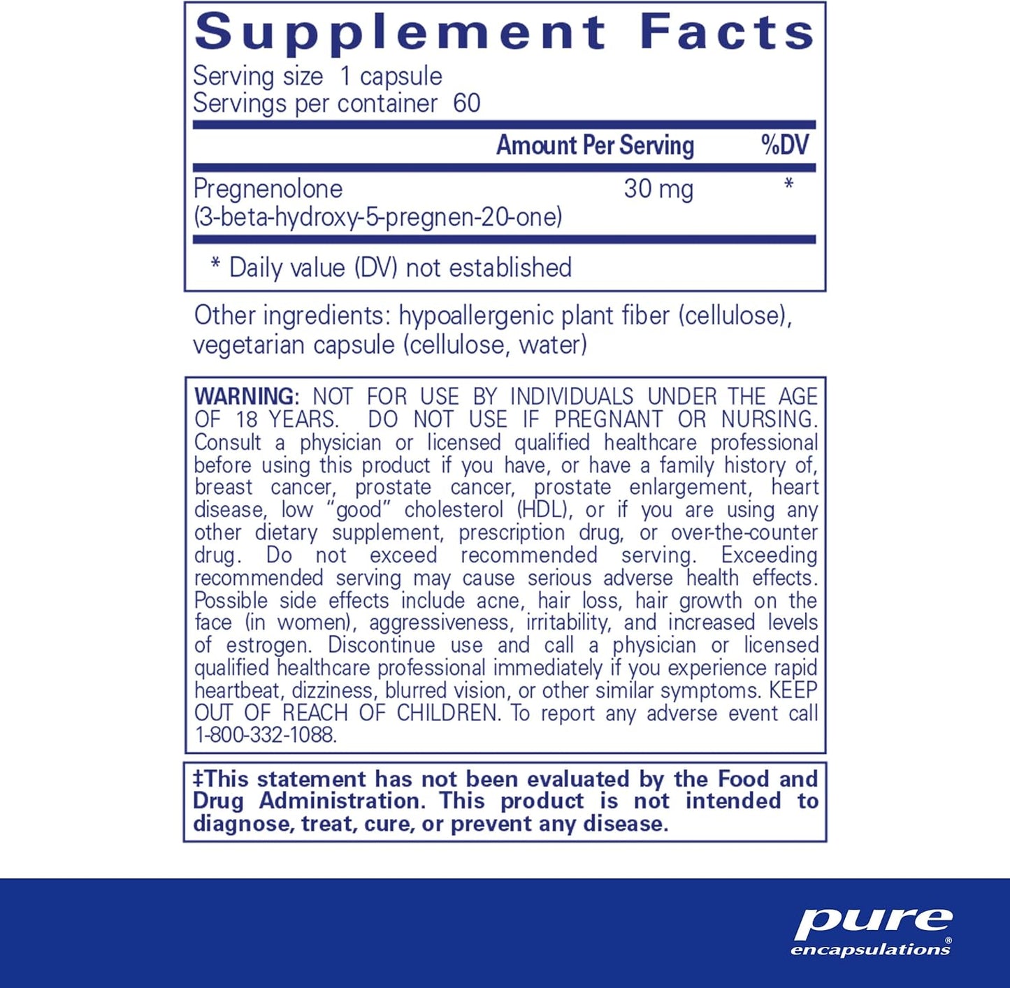 Pure Encapsulations Pregnenolone Capsules - 30mg for Hormone & Memory Support - Gluten Free & Vegan - 60 Count