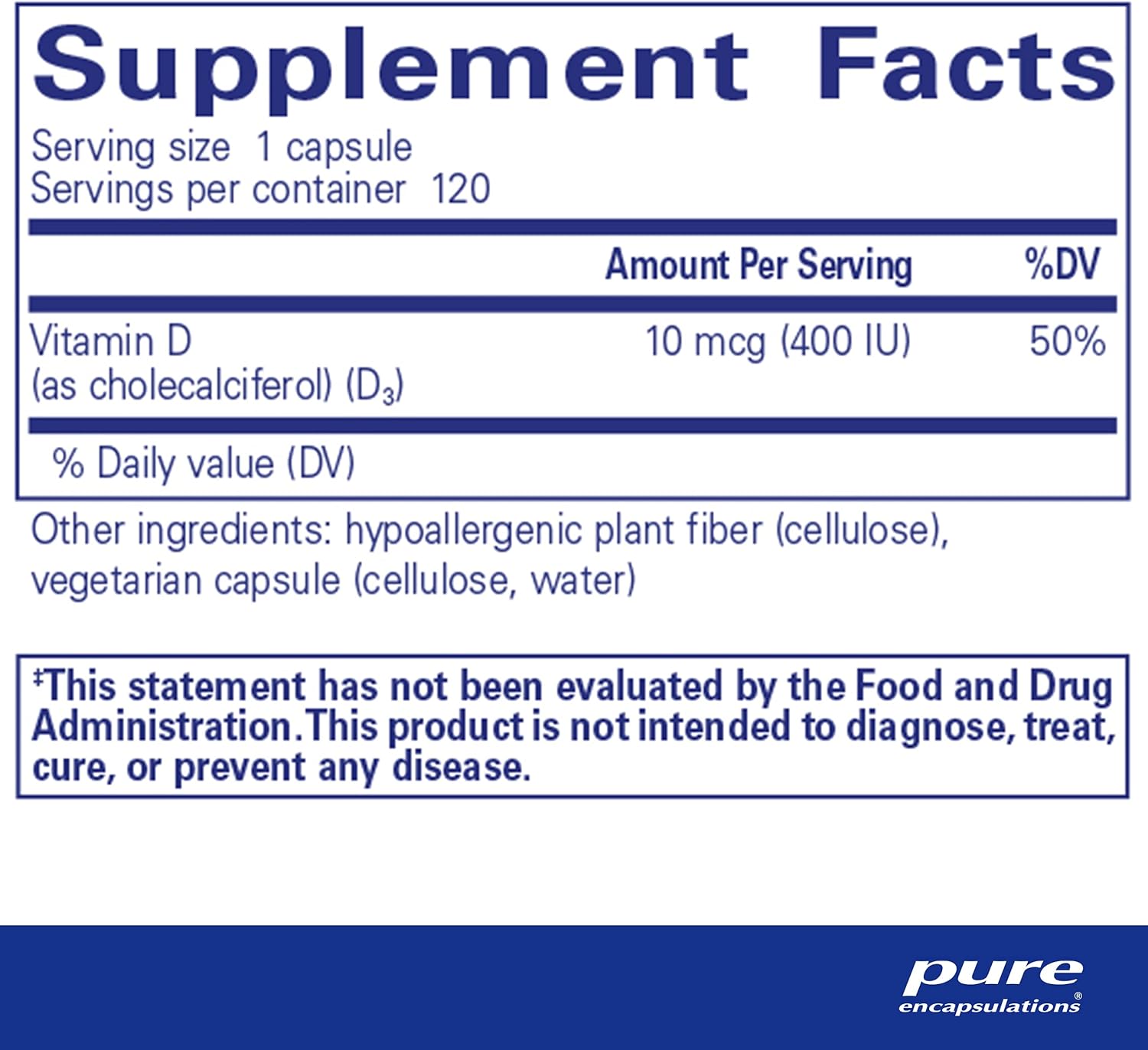 Pure Encapsulations Vitamin D3 10 mcg (400 IU) Capsules for Bone, Breast, Cardiovascular, Colon, Immune Health - 120 Count