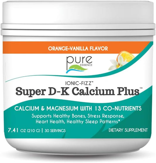 Pure Essence Ionic Super D-K Calcium Plus with Extra Magnesium, Vitamin D3, Vitamin K2 for Strong Bones and Stress Relief - Orange Vanilla - 7.41oz