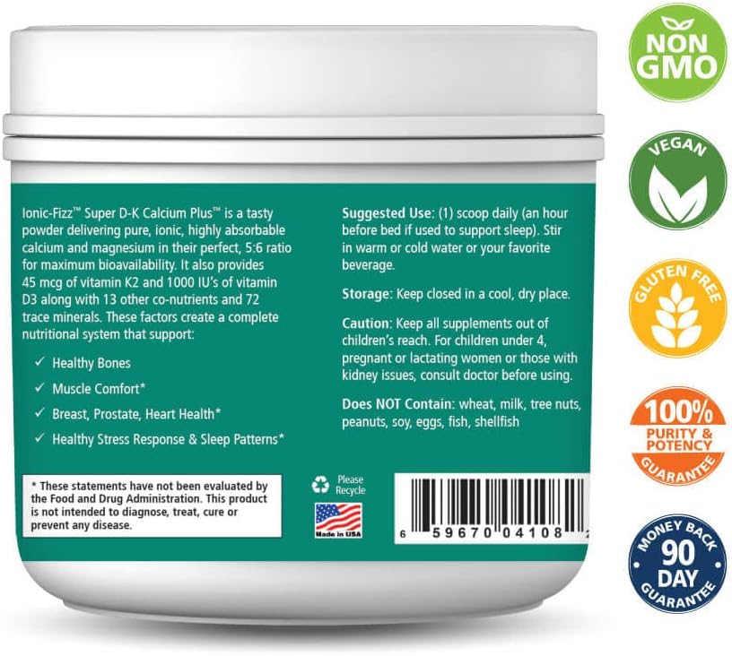 Pure Essence Ionic Super D-K Calcium Plus with Extra Magnesium, Vitamin D3, Vitamin K2 for Strong Bones and Stress Relief - Orange Vanilla - 7.41oz