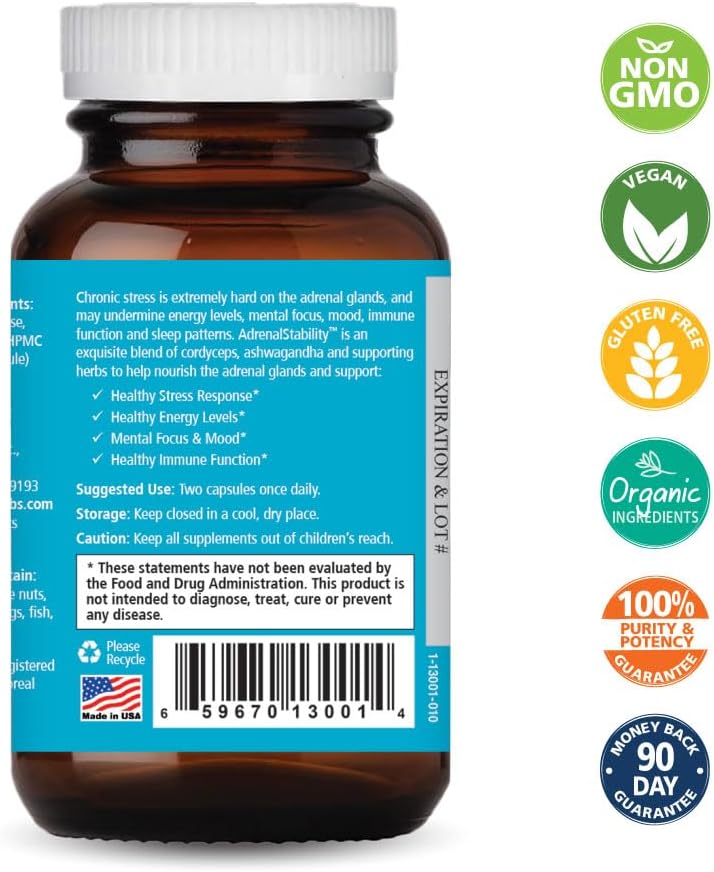 Pure Essence Labs Adrenal Stability - Adrenal Fatigue Supplement with Ashwagandha & Holy Basil for Healthy Stress Response, Energy, Sleep - 60 Capsules