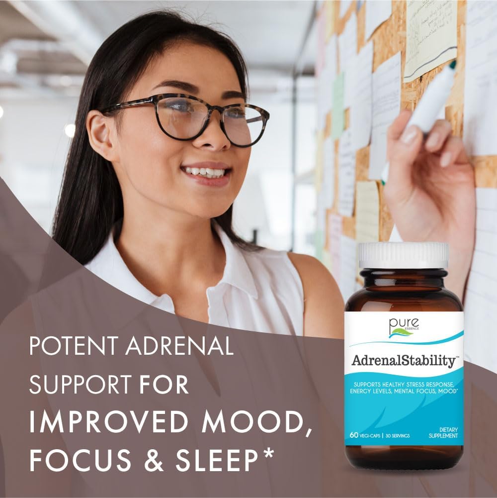 Pure Essence Labs Adrenal Stability - Adrenal Fatigue Supplement with Ashwagandha & Holy Basil for Healthy Stress Response, Energy, Sleep - 60 Capsules