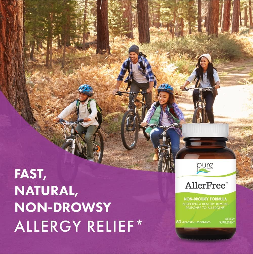 Pure Essence Labs AllerFree: Natural Non Drowsy Allergy Support for Seasonal Allergies - 60 Capsules with Enzymes and Herbs