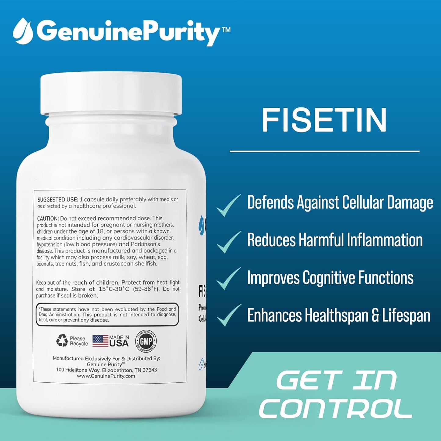 Pure Fisetin 150mg Supplement for Cognitive Support | Powerful Serving Size | Gluten Free, Vegan, Non-GMO | Made in USA | 60 Capsules