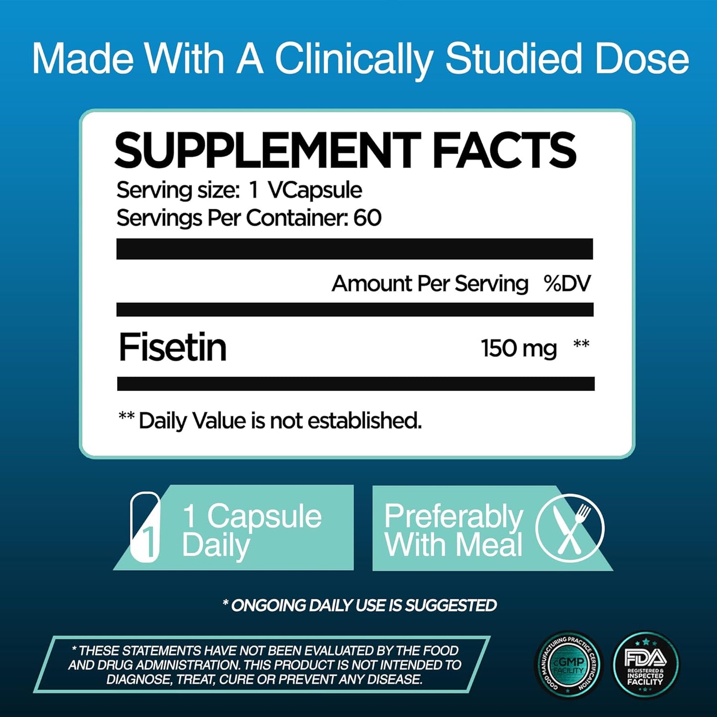 Pure Fisetin 150mg Supplement for Cognitive Support | Powerful Serving Size | Gluten Free, Vegan, Non-GMO | Made in USA | 60 Capsules