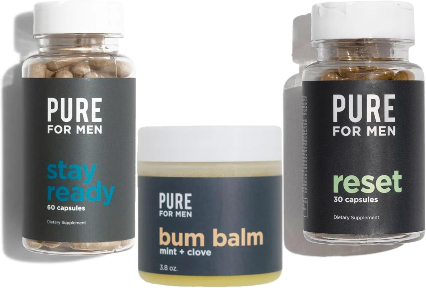 Pure for Men Fiber Supplement & Bum Balm Bundle - Stay Ready with 120 Fiber Capsules & 30 Reset Wipes