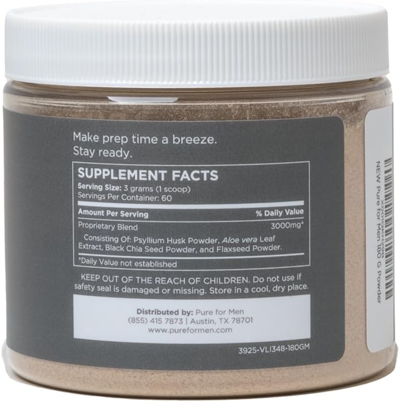 Pure for Men Original Fiber Supplement Powder | Promotes Digestive Regularity | Psyllium Husk, Aloe Vera, Chia Seeds, Flaxseeds | Vegan Blend | 180 gm