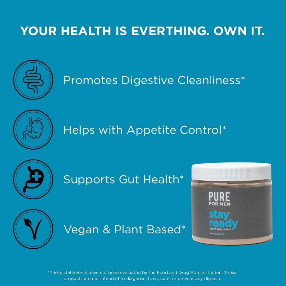 Pure for Men Original Fiber Supplement Powder | Promotes Digestive Regularity | Psyllium Husk, Aloe Vera, Chia Seeds, Flaxseeds | Vegan Blend | 180 gm